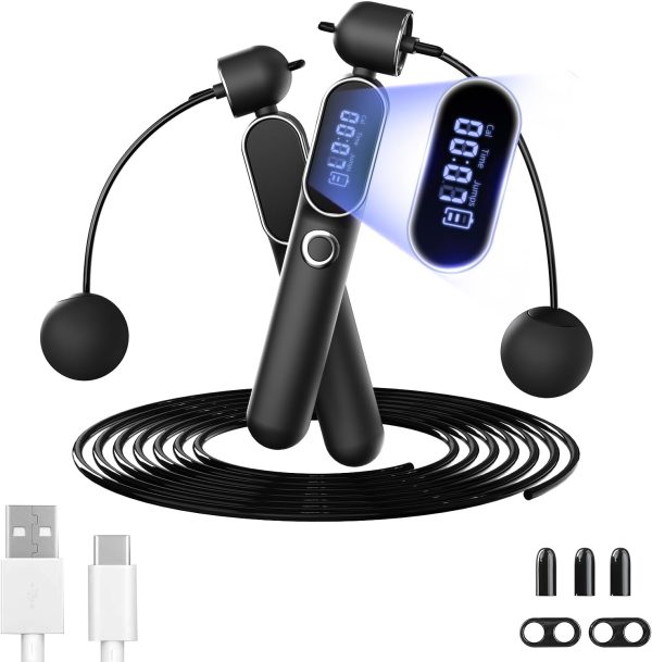 Cordless Jump Rope with Counter, 2 In 1 Weighted Ropeless Skipping Rope for Kids Women Men, Adjustable Digital Smart Jump Ropes for Fitness Workout Boxing Speed Training Home Gym
