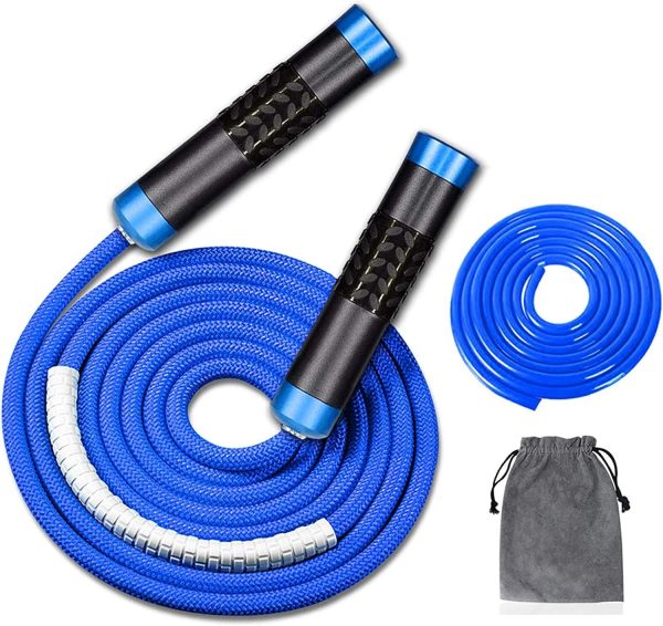 Weighted Jump Rope for Workout Fitness(1LB), Tangle-Free Ball Bearing Rapid Speed Skipping Rope for  Boxing Weight-loss,Aluminum Handle Adjustable Length 9MM Fabric Cotton+9MM Solid PVC Rope